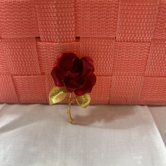 CERRITO Enamel Red Rose Flower Brooch Pin Vintage Approx 2.5" - Picture 6 of 10
